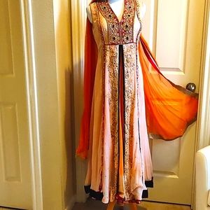 Custom Bargello Anarkali Indian gown with 2 duputtas Designer XS